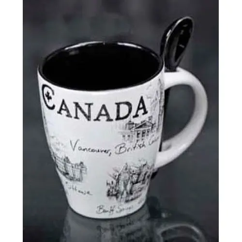 00611 — Black-And-White Canada-Themed Mug With Integrated Spoon 1