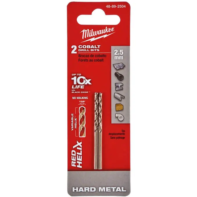 2.5 Mm Cobalt Steel Drill Bit — Red Helix Geometry, Optimized For Hard Metals (2-Pack, Model 48-89-2504) 1