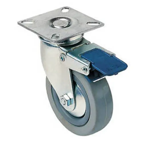 2 Inch Swivel Rubber Caster – Grey, Brake-Activated, Metal Top Plate (2 × 2 Inch) 1