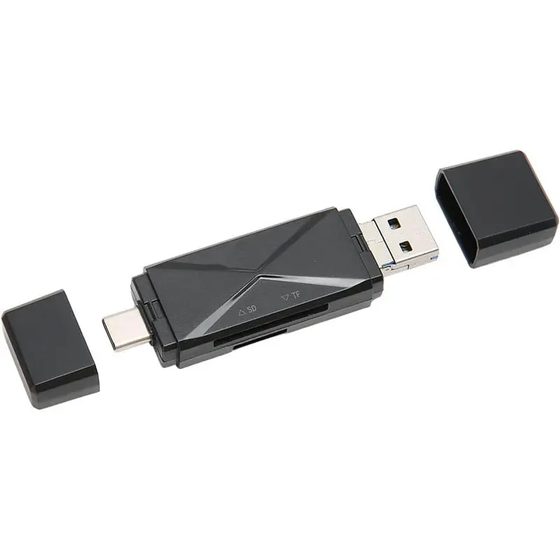 3-In-1 Usb Card Reader – Supports Microsd, Tf, And Otg; Type-C & Micro Usb Ports, Black Housing 1