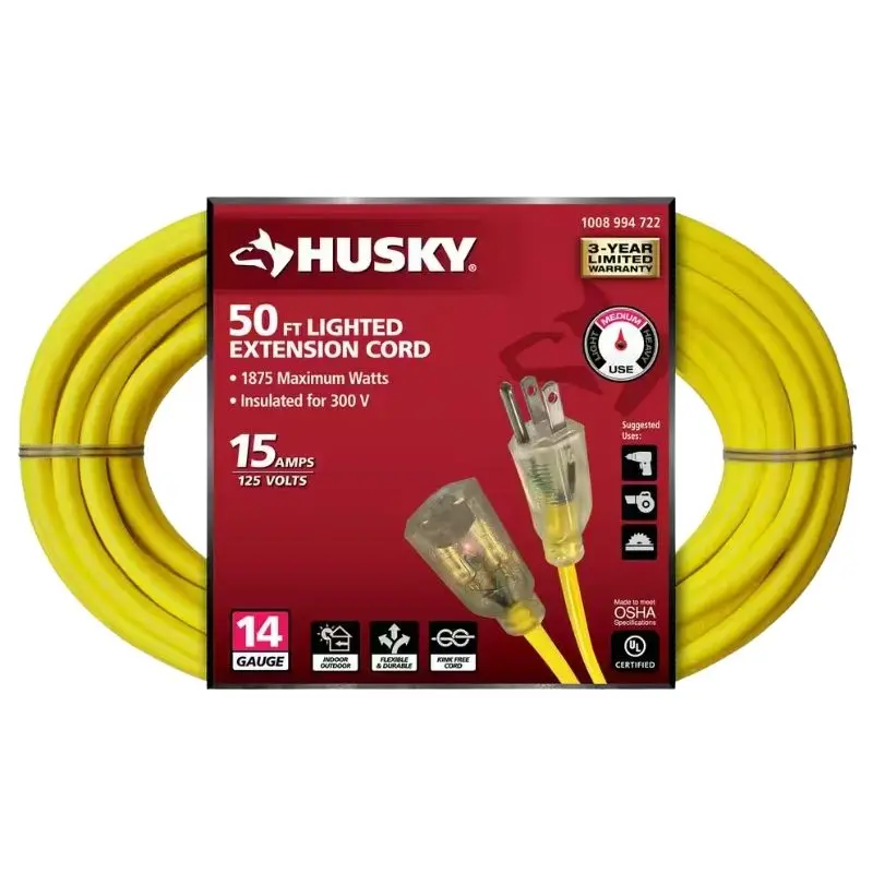 50-Foot Yellow Sjtw Extension Cord With Illuminated Ends – 3/14 Awg, 15A 1