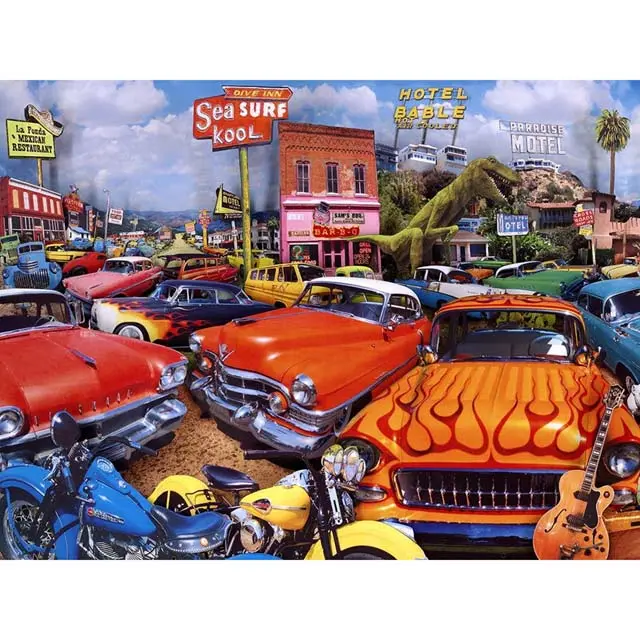 750-Piece Jigsaw Puzzle — 'Sea Surf Drive Inn' Vintage Car-Themed Layout (24" × 18") 1