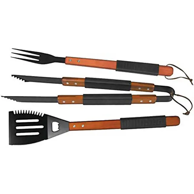 812-9024F 3-Piece Bbq Tool Set – Wooden Handles With Rubber Grips, Grill Essentials Kit 1