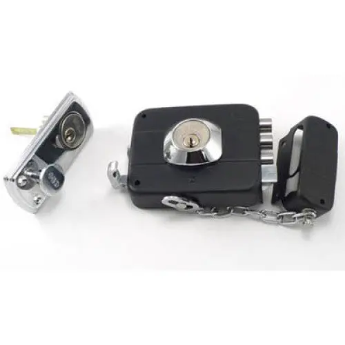 91010-168 Right-Handed Nickel-Plated Deadbolt With Security Chain – 3 Keys Included 1