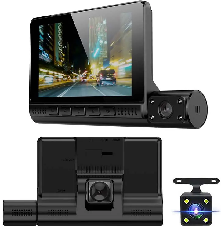 Ce-Dvr-Cdv0007 - Triple-Lens Dash Cam System – 1080P Front/Interior/Rear, 4" Display, Night Vision 1