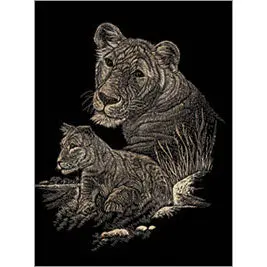Copper Engraved Art Panel – Lioness And Cub Design, Handcrafted Detail 1