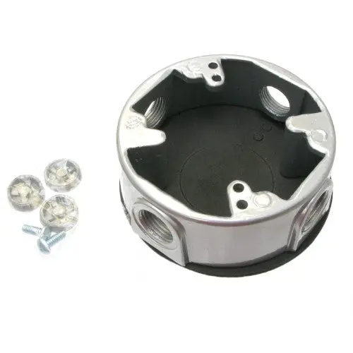 Ex-5 Gray Round Weatherproof Electrical Box – 4" Diameter, 1.5" Deep, Four 0.5" Knockouts 1
