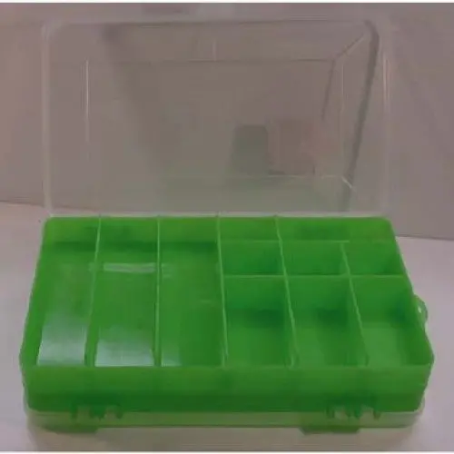 Green Component Storage Box – 8" × 5" × 1.5", 11-Compartment Flip-Top With Clear Lid 1