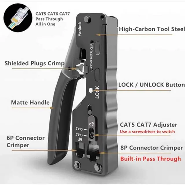 Tah-3549 Pass-Through Crimper For Rj45, Rj11, And Rj12 Connectors — Compatible With Cat5/Cat6/Cat7 Cables 1