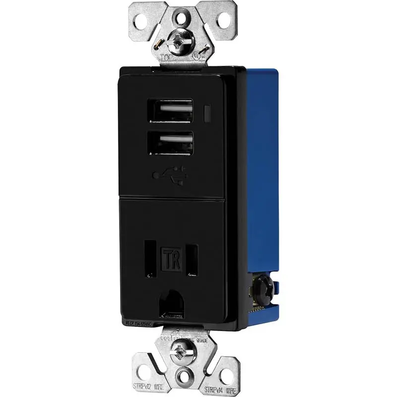 Tr7740Bk Usb-A + Dual-Outlet Receptacle – Decora-Style, 5V/700Ma Usb Port, Black Finish 1