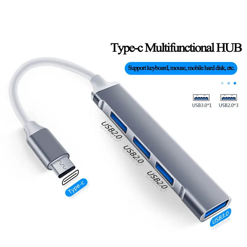 Usb-C Hub — 4-Port Adapter With Usb 2.0 And Usb 3.0 Support, 390Mb/S Transfer, Silver Finish 1