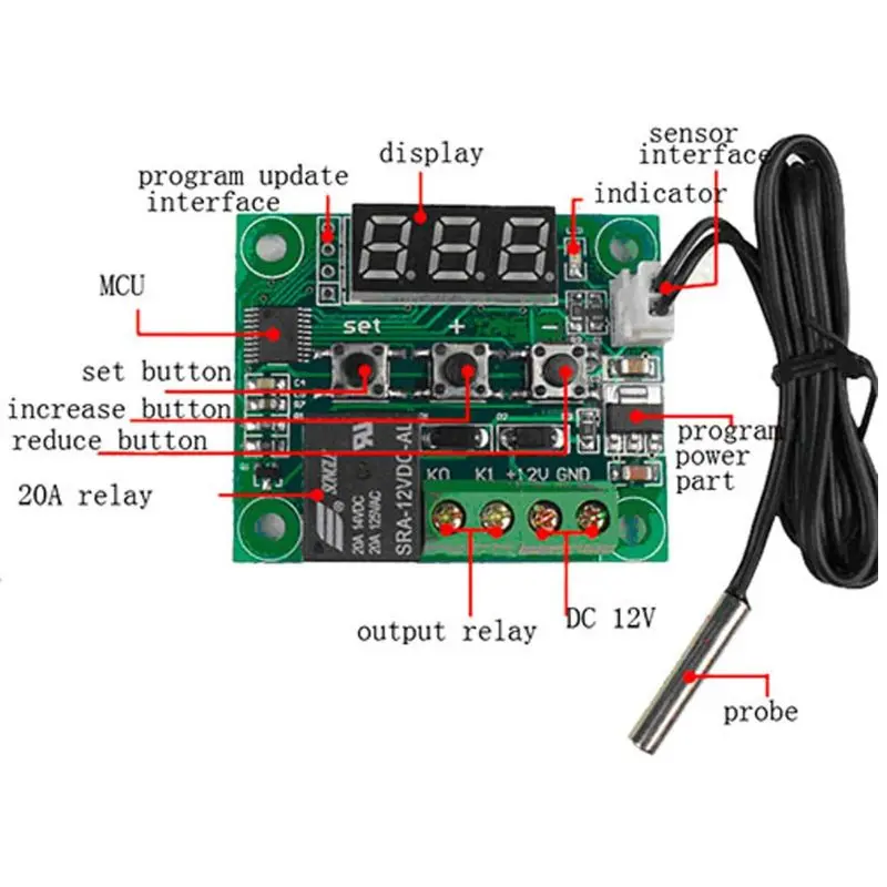 W1209 – Digital Temperature Controller Switch (-50°C To +110°C), 12Vdc Input, 20A/125Vac Relay 1