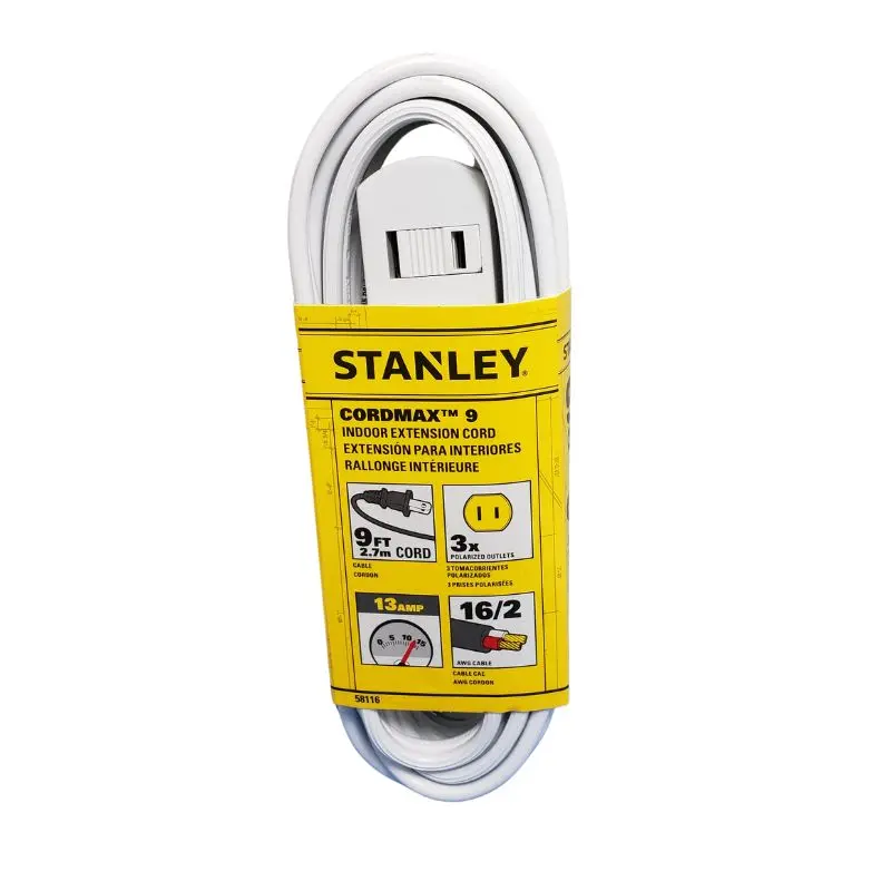 White 9-Foot Extension Cord – 2-Wire, 16 Awg, 3-Outlet Spt-2 Rated For 13A/125V 1