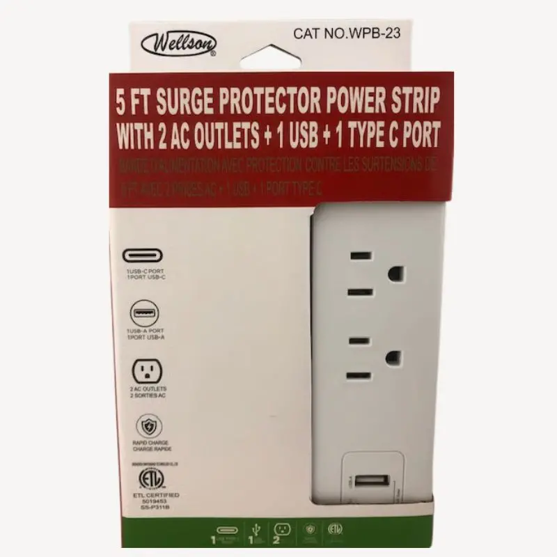 Wpb-23 – Dual-Outlet Power Strip With 5-Foot Cord, Integrated Usb-A + Usb-C Charging Ports (5V/2.4A Total) 1